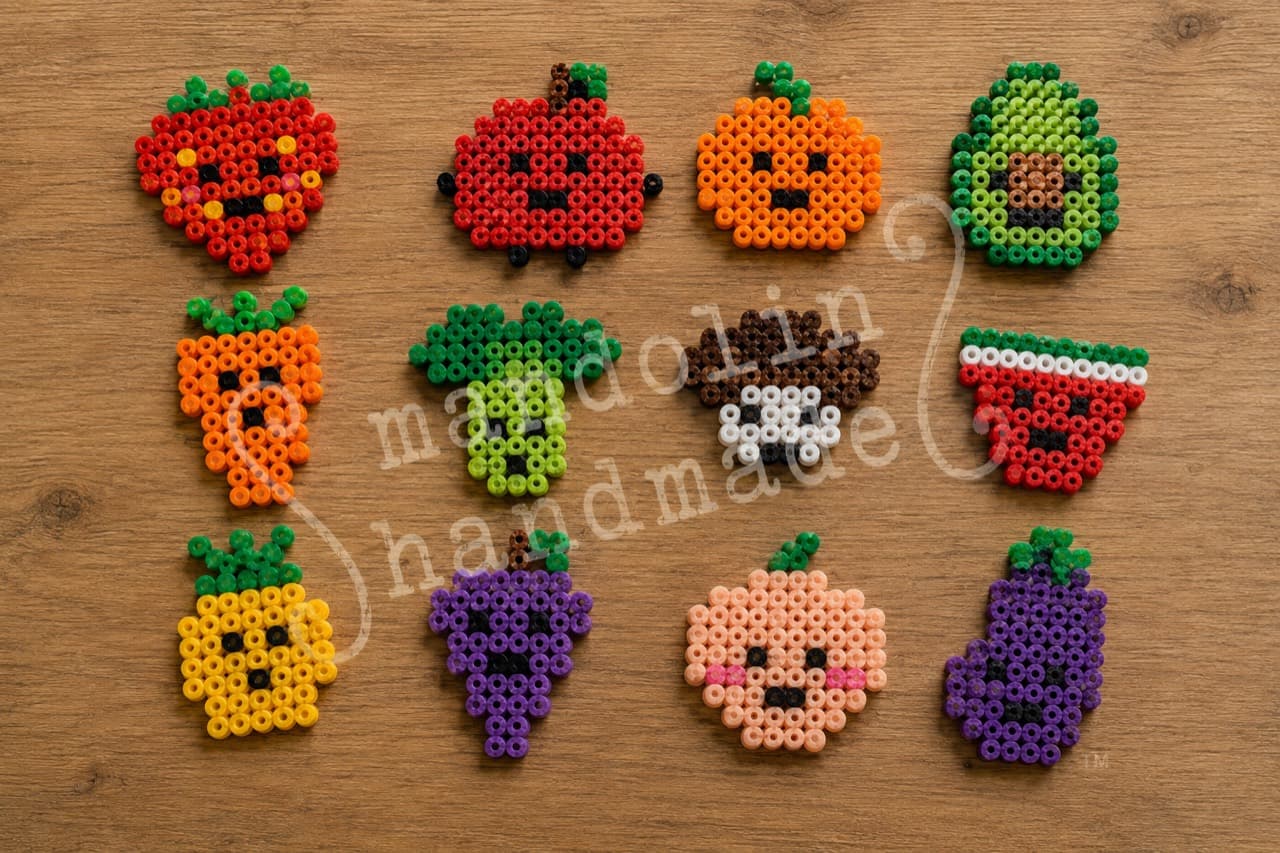 Fruit & Vegetables — Finished bead projects on a wooden tabletop