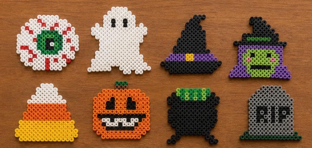 Halloween Minis — Finished bead projects on a wooden tabletop