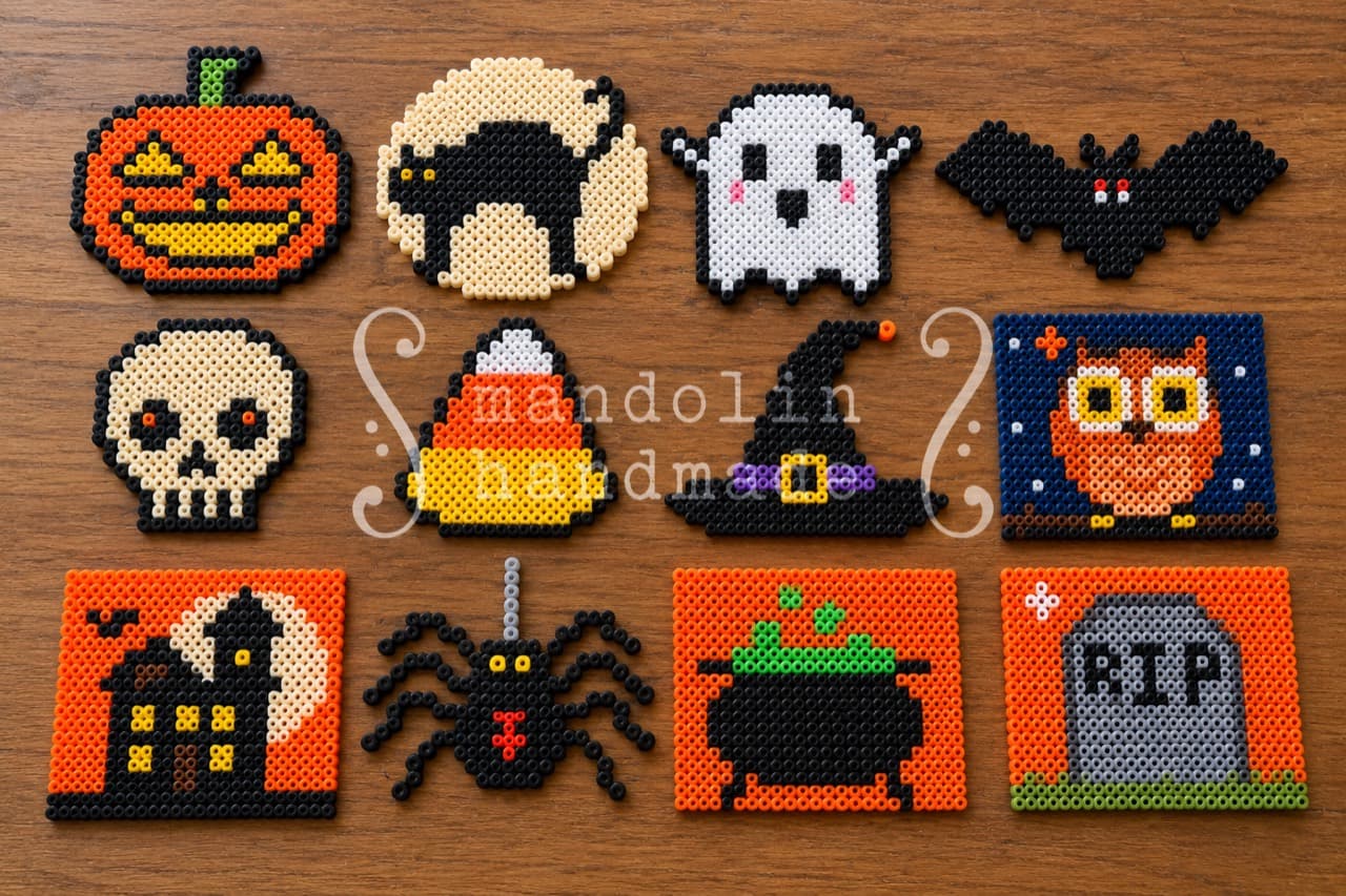 Halloween Collection — Finished bead projects on a wooden tabletop