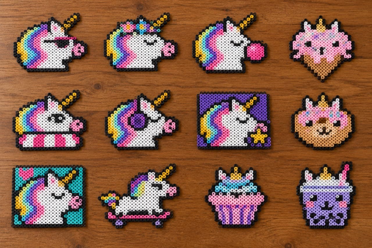 12 Unicorn Patterns · Medium — Finished bead projects on a wooden tabletop